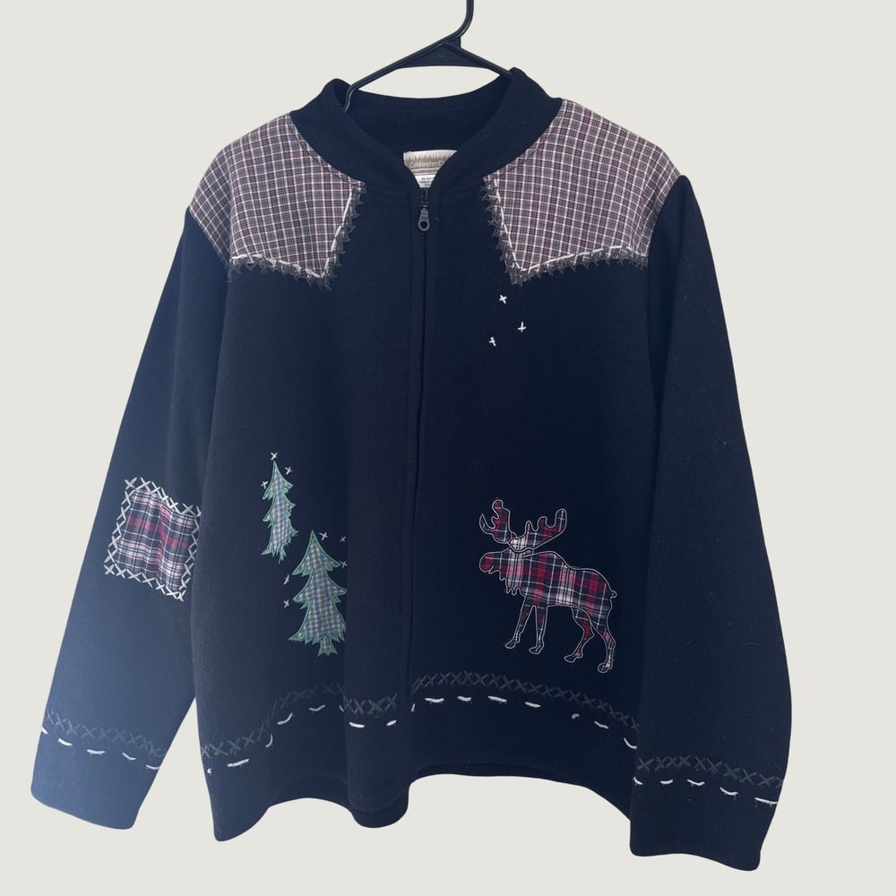 Coldwater Creek 100% Wool Zip Cardigan Jacket Black Plaid Moose Pine Tree 2X